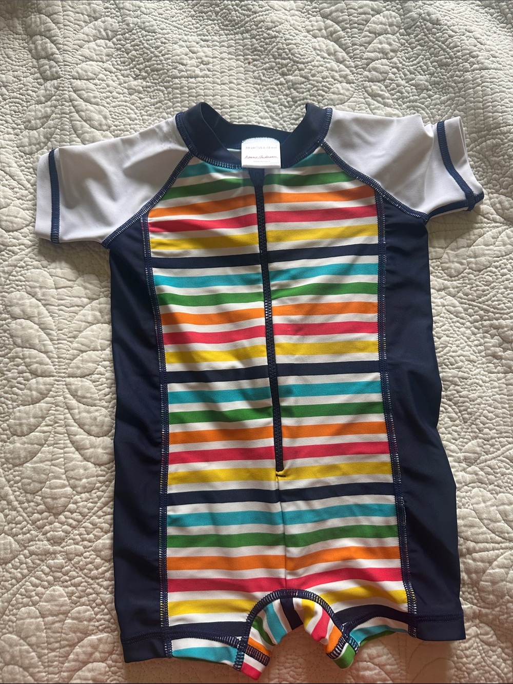 Hanna Andersson Navy & Multicolor Stripe Short-Sleeve Swim Sunsuit